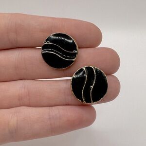 VINTAGE Round Gold-Tone Black Enamel Earrings